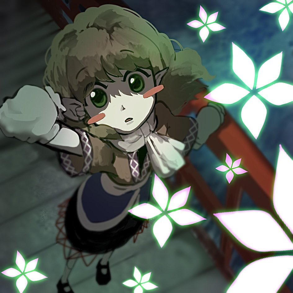 1girl, arm_up, arm_warmers, black_shirt, black_shoes, black_skirt, blonde_hair, blush_stickers, bridge, brown_shirt, commentary_request, expressionless, flat_chest, from_above, full_body, green_eyes, guyamaru2002, looking_at_viewer, mary_janes, medium_hair, mizuhashi_parsee, official_style, open_mouth, parody, pointy_ears, railing, scarf, shirt, shoes, short_sleeves, skirt, socks, solo, style_parody, touhou, undershirt, water, white_scarf, zun_(style)