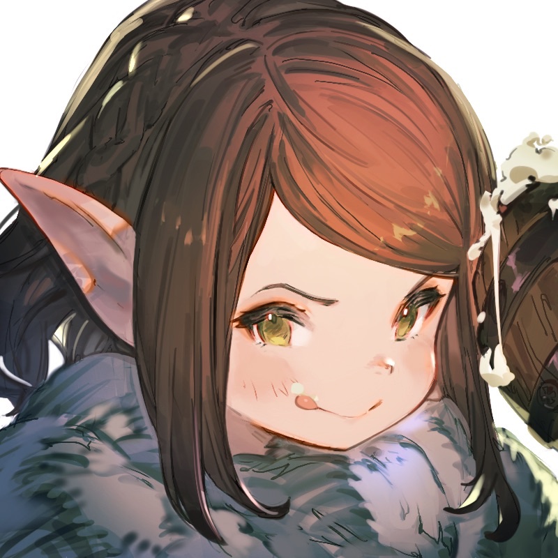 >:), 1girl, alcohol, beer, braid, brown_hair, close-up, crown_braid, cup, drinking, final_fantasy, final_fantasy_xiv, from_side, froth, fur_trim, giott, green_eyes, holding, holding_cup, lalafell, licking_lips, looking_at_viewer, mono_(monoia14), pointy_ears, portrait, short_hair, simple_background, smile, solo, swept_bangs, tankard, tongue, tongue_out, v-shaped_eyebrows, white_background