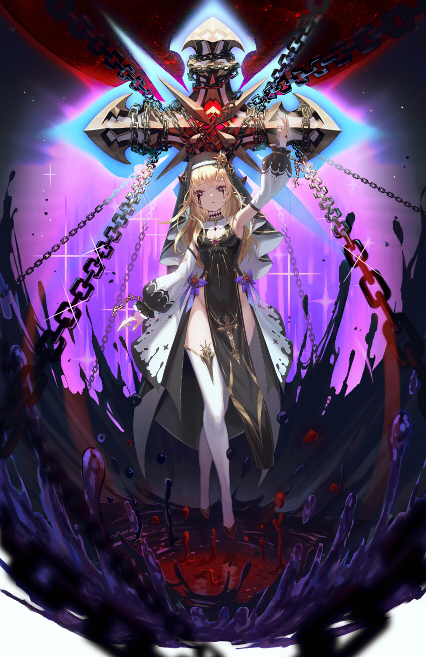 1girl, absurdres, arm_up, armpits, black_choker, black_dress, black_footwear, black_tears