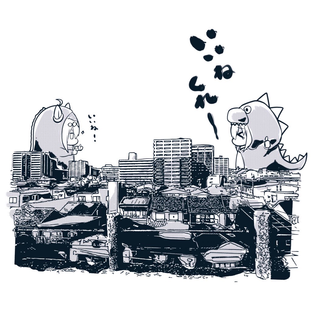 >_<, 2girls, ahoge, animal_ears, bocchi_the_rock!, building, chibi, city