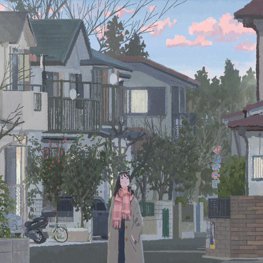 1girl, blue_sky, brick_wall, brown_hair, car, cloud, coat, hayashi_naoyuki