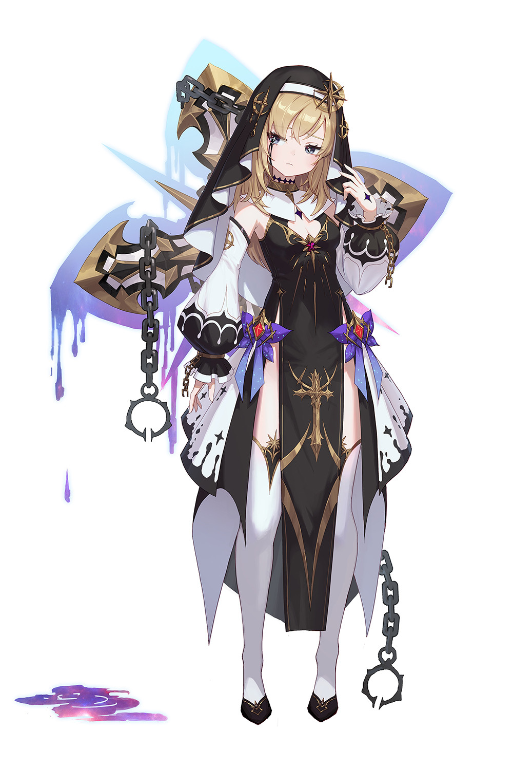 1girl, black_choker, black_dress, black_footwear, black_tears, black_veil, blonde_hair, bow