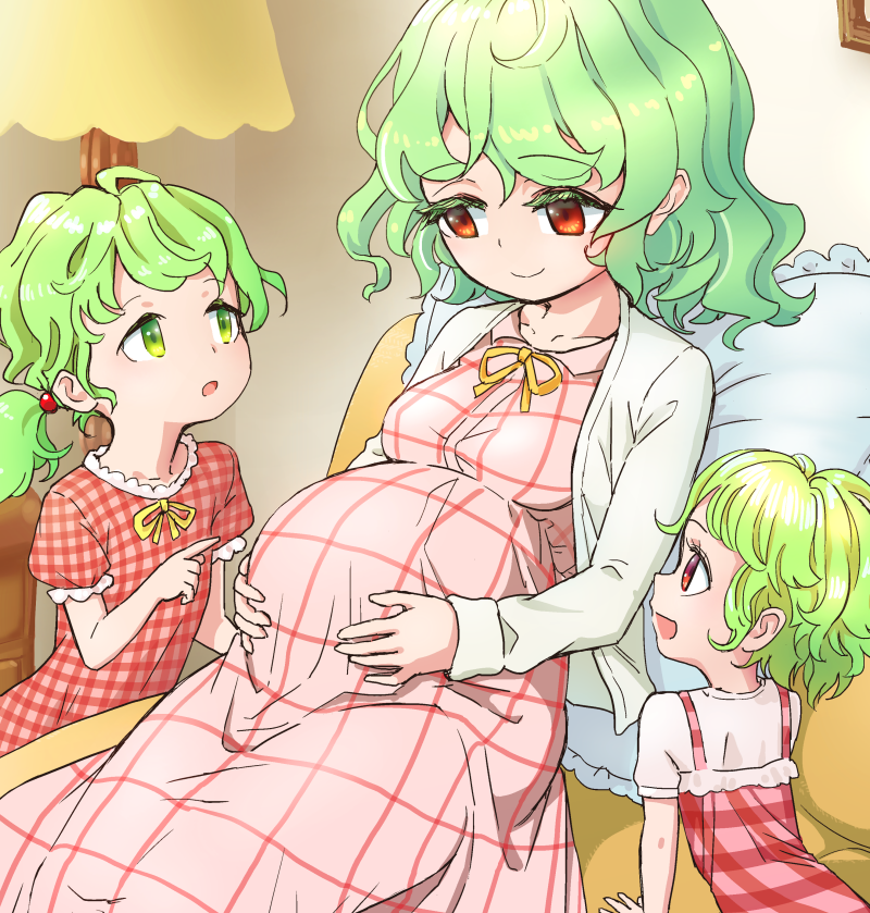 3girls, big_belly, breasts, child, commentary, commentary_request, commission, couch, dress, frills, gingham_clothes, gingham_dress, green_eyes, green_hair, hands_on_own_stomach, kazami_yuuka, lamp, maternity_dress, mother_and_child, mother_and_daughter, motherly, multiple_girls, open_mouth, overshirt, parent_and_child, pillow, plaid_clothes, plaid_dress, pointing, pointing_at_another, ponytail, pregnant, red_dress, red_eyes, ribbon, s-a-murai, shirt, short_hair, short_ponytail, sitting, skeb_commission, smile, touhou, white_shirt, yellow_ribbon