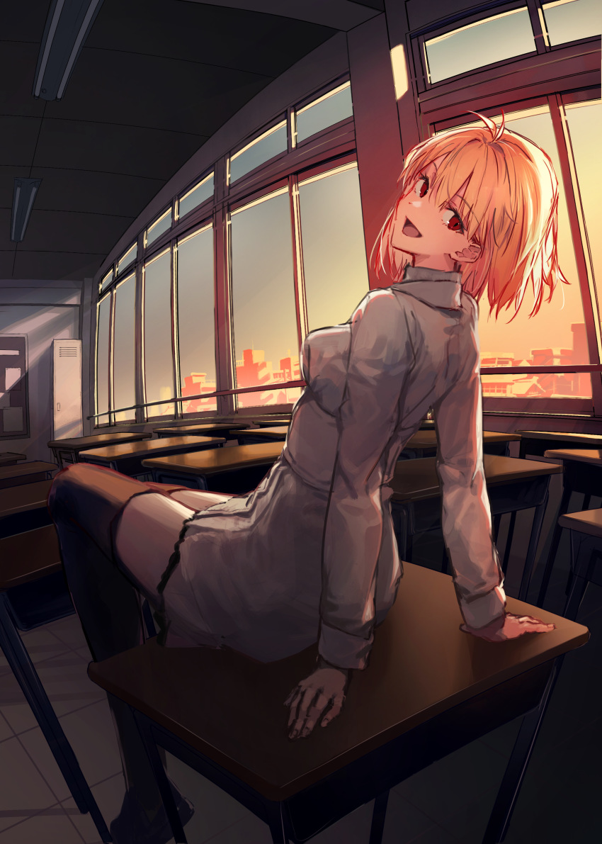 absurdres, ahoge, alternate_costume, arcueid_brunestud, blonde_hair, classroom, commentary_request, desk, fluorescent_lamp, highres, iotsuki, locker, on_desk, red_eyes, school_desk, shirt, short_hair, sitting, smile, sunset, thighhighs, thighs, tsukihime, type-moon, white_shirt, zettai_ryouiki