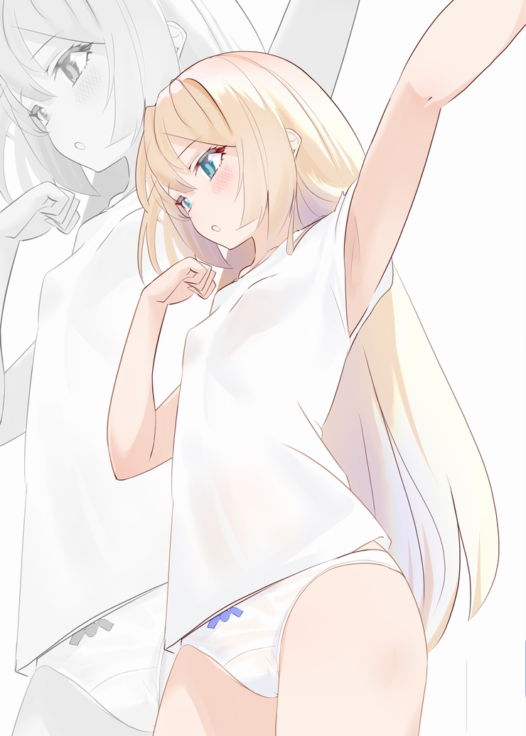 1girl, blonde_hair, blue_eyes, bow, bow_panties, breasts, commentary_request, cowboy_shot