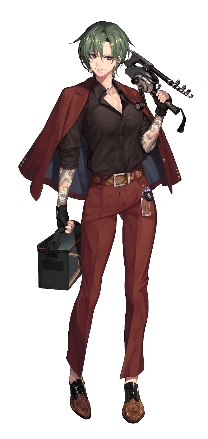 austrian, belt, black_gloves, black_shirt, black_survival, blue_eyes, breasts, chain, chain_necklace, cleavage, colored_skin, dragon_tattoo, earrings, eyeliner, fishing_gear, fishing_rod, formal_clothes, gloves, green_hair, highres, jacket, jacket_on_shoulders, jewelry, keys, large_breasts, leather_shoes, lenox_(black_survival), mafia, makeup, necklace, shirt, smile, snakeskin_belt, suit, suit_jacket, suit_pants, tattoo, white_skin