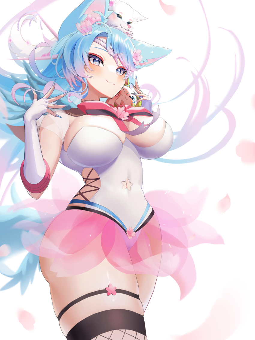 1girl, absurdres, animal, animal_ear_fluff, animal_ears, animal_on_head, black_thighhighs, blue_eyes, blue_hair, blue_nails, breasts, clothing_cutout, elbow_gloves, eyeliner, fingerless_gloves, fishnet_thighhighs, fishnets, flower, gloves, hair_flower, hair_ornament, highres, large_breasts, leotard, long_hair, looking_at_viewer, makeup, multicolored_hair, nail_polish, navel, navel_cutout, on_head, pink_hair, pink_skirt, red_eyeliner, see-through_clothes, see-through_skirt, silvervale, single_thighhigh, skirt, streaked_hair, swept_bangs, tail, thigh_strap, thighhighs, virtual_youtuber, vshojo, white_gloves, white_leotard, wolf, wolf_ears, wolf_girl, wolf_tail, yu_arima