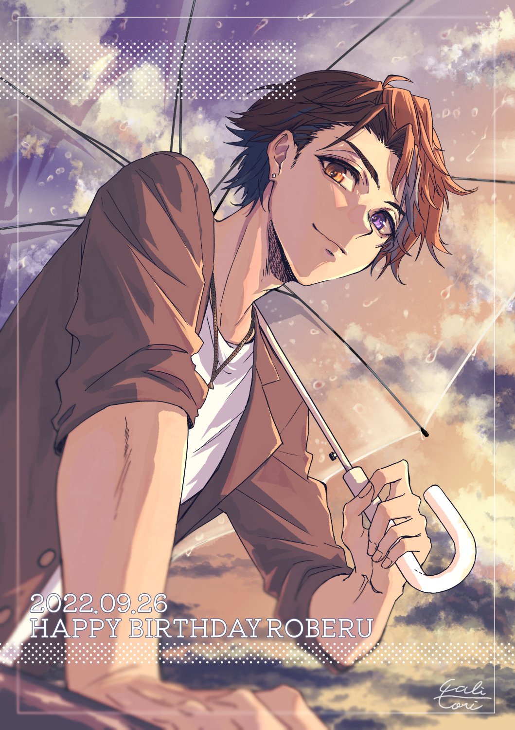 1boy, ahoge, alternate_costume, black_hair, brown_jacket, cali_tori, chain, chain_necklace