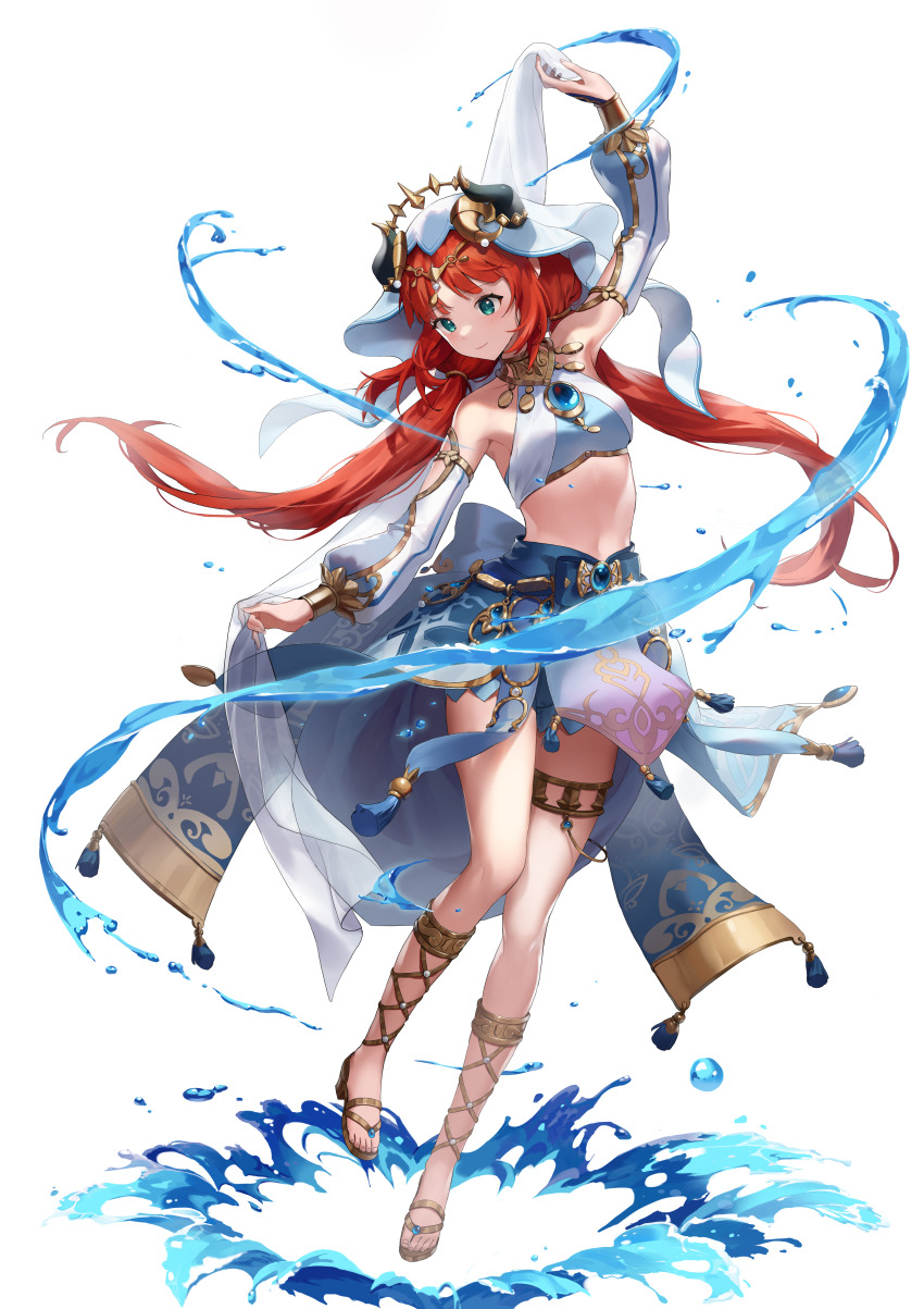 1girl, absurdres, arm_up, bare_shoulders, blue_bow, blue_gem, blue_skirt, bow, bracer, breasts, brooch, cccc2445, circlet, closed_mouth, commentary, crop_top, dancer, dancing, detached_sleeves, fake_horns, feet, floating_hair, full_body, gem, genshin_impact, gladiator_sandals, gold_sandals, gold_trim, green_eyes, harem_outfit, highres, holding, horns, jewelry, legs, long_hair, long_sleeves, looking_to_the_side, low_twintails, medium_breasts, midriff, navel, neck_ring, nilou_(genshin_impact), parted_bangs, puffy_long_sleeves, puffy_sleeves, red_hair, sandals, see-through_clothes, simple_background, skirt, smile, solo, standing, standing_on_one_leg, stomach, tareme, tassel, thighlet, thighs, toes, twintails, veil, water, white_background, white_headwear, white_sleeves
