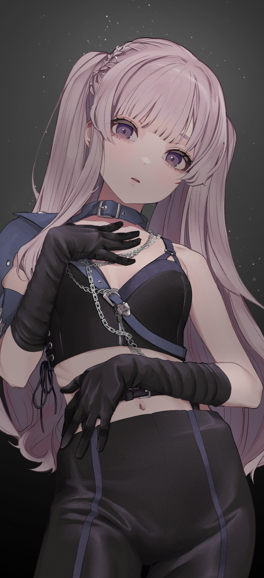 1girl, a01macaron, absurdres, bad_id, bad_pixiv_id, black_gloves, black_pants, chain