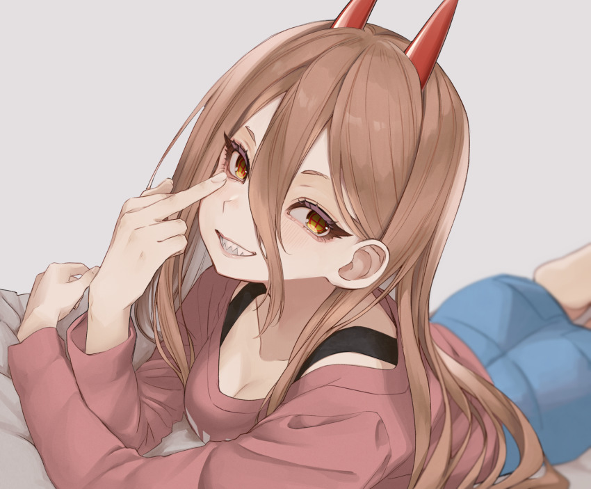 1girl, a01macaron, akanbe, blue_pants, breasts, brown_hair, chainsaw_man, cleavage