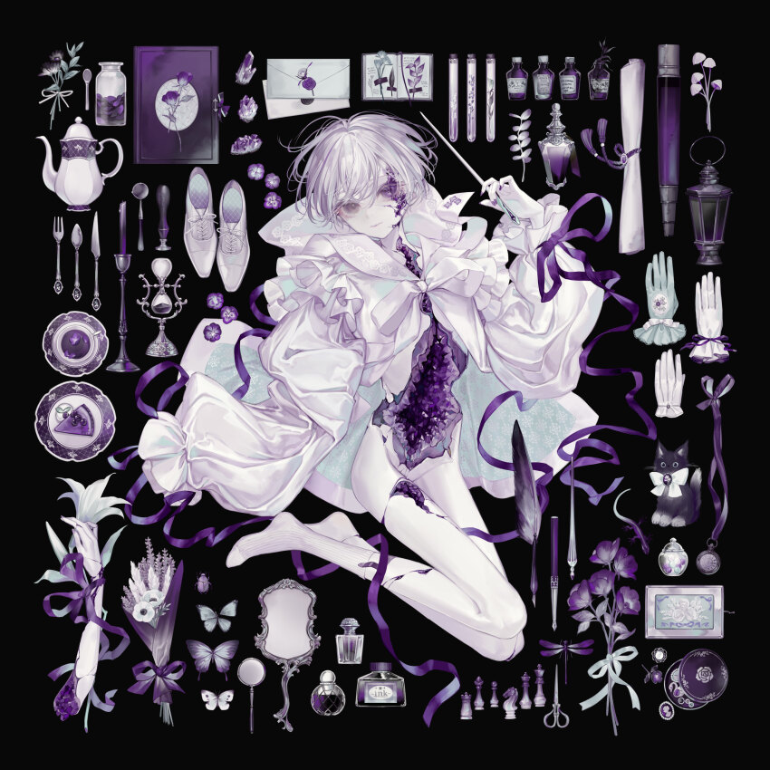 1boy, absurdres, anemone_(flower), aqua_gloves, beetle, black_background, black_cat, bottle