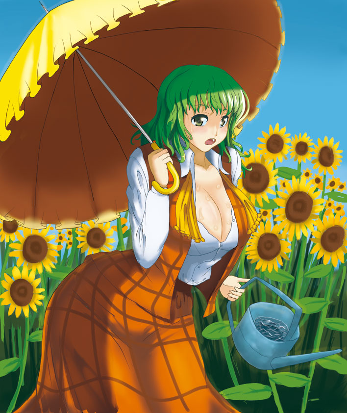 1girl, ascot, breasts, cleavage, female_focus, flower, green_eyes, green_hair, huge_breasts, jingoro, kazami_yuuka, matching_hair/eyes, mystic_square, open_clothes, open_shirt, parasol, plaid_clothes, plaid_skirt, plaid_vest, plump, shirt, short_hair, skirt, skirt_set, solo, sunflower, sweat, touhou, touhou_(pc-98), umbrella, untied, vest, watering_can, wide_hips