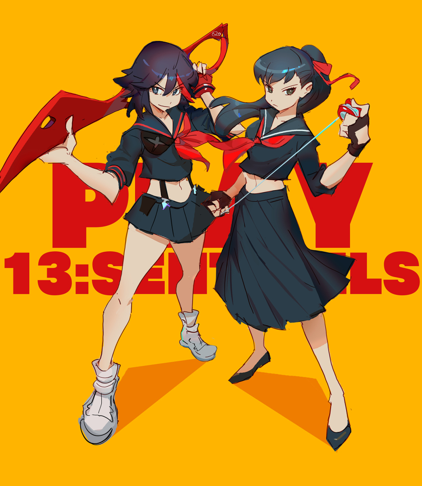 2girls, black_footwear, black_gloves, black_hair, black_sailor_collar, black_skirt, breasts, closed_mouth, fingerless_gloves, frown, full_body, gloves, grey_footwear, hair_between_eyes, hair_ribbon, highres, holding, holding_scissors, holding_weapon, juusan_kihei_bouei_ken, kill_la_kill, koshimizu_ami, long_hair, looking_at_viewer, matoi_ryuuko, medium_hair, midriff, miniskirt, multiple_girls, navel, neckerchief, orange_background, pleated_skirt, ponytail, qosic, red_hair, red_neckerchief, red_ribbon, revision, ribbon, sailor_collar, school_uniform, scissors, simple_background, skirt, small_breasts, standing, stomach, takamiya_yuki, voice_actor_connection, weapon, yo-yo