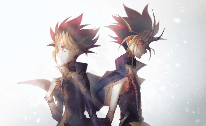 2boys, atem, back-to-back, bare_arms, black_hair, black_shirt, blonde_hair, blue_jacket