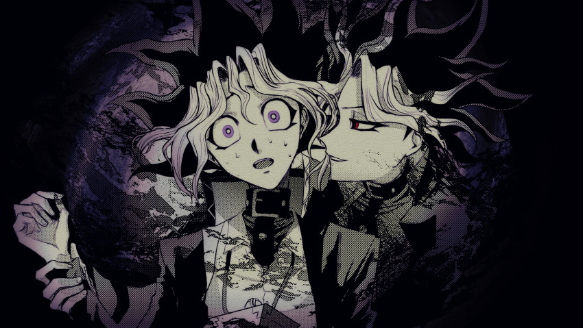 2boys, atem, blue_eyes, collar, colored_bangs, hair_between_eyes, highres, holding_another's_wrist, jacket, looking_at_another, looking_at_viewer, male_focus, millennium_puzzle, multicolored_hair, multiple_boys, muto_yugi, open_clothes, open_jacket, open_mouth, ototoi_kuru, portrait, profile, red_eyes, sweat, teeth, two-tone_hair, upper_teeth_only, yu-gi-oh!