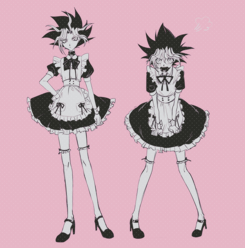 2boys, alternate_costume, apron, atem, blush, closed_mouth, collar, collared_dress, crossdressing, crossdressing_(mtf), dress, embarrassed, enmaided, full_body, high_heels, highres, looking_at_viewer, maid, maid_apron, male_focus, male_maid, multicolored_hair, multiple_boys, muto_yugi, neck_ribbon, ototoi_kuru, pink_background, puffy_short_sleeves, puffy_sleeves, ribbon, shoes, short_sleeves, standing, thighhighs, two-tone_hair, wrist_cuffs, yu-gi-oh!, zettai_ryouiki