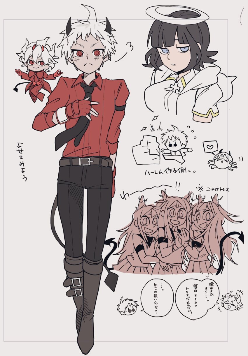 2boys, 4girls, :d, ahoge, armband, azazel_(helltaker), azazel_(helltaker)_(cosplay), baba_(sizennha_pan2)