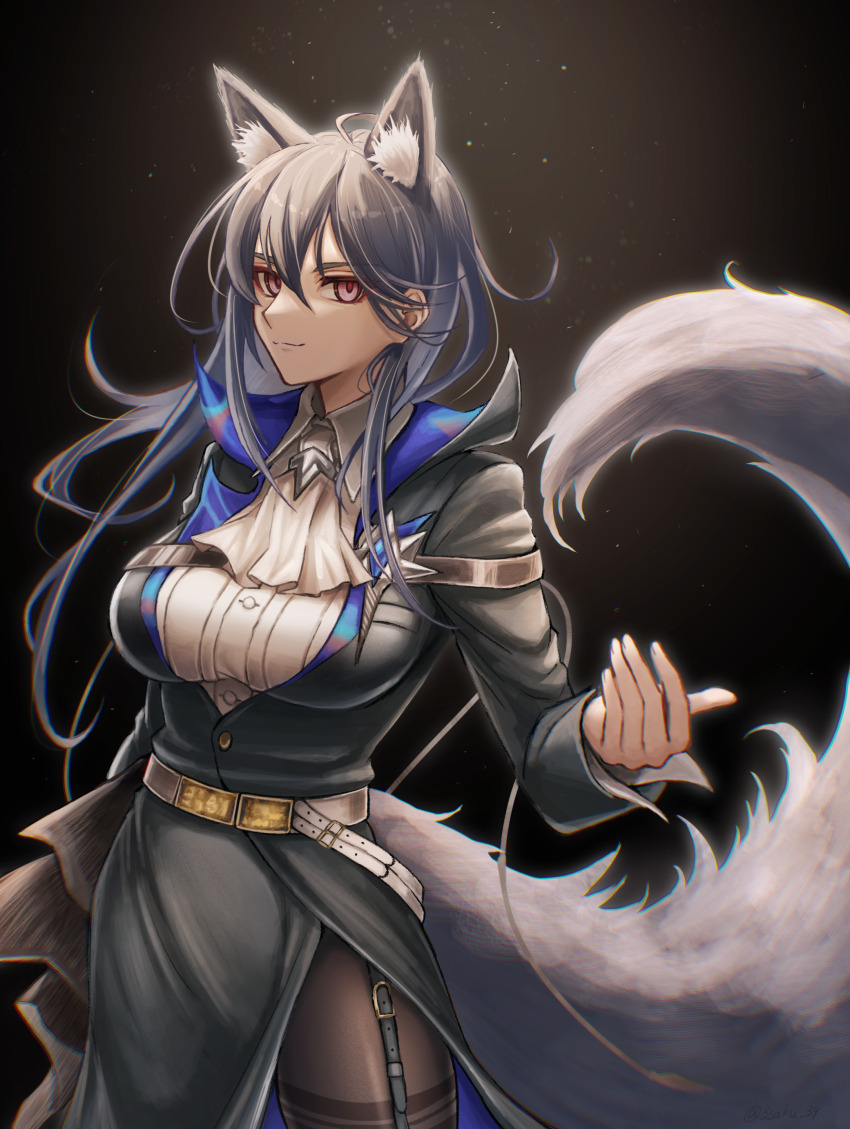 1girl, 3_(sanyako1), absurdres, animal_ears, arknights, ascot, belt, black_coat
