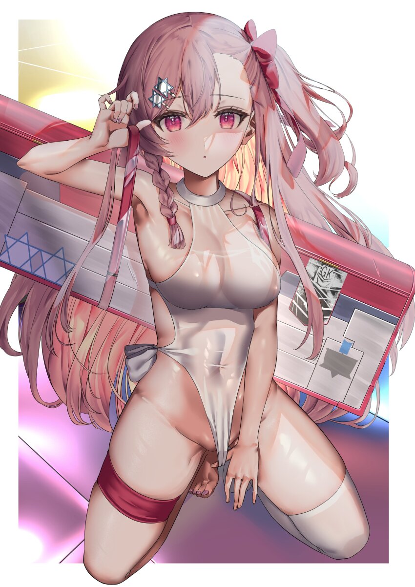 1girl, :o, absurdres, armpits, backpack, bag, bare_arms, bare_hips, barefoot, blush, bow, braid, breasts, clothes_pull, collarbone, covered_navel, fingernails, framed, fujisaki_eru, girls'_frontline, groin, hair_between_eyes, hair_bow, hair_ornament, hairclip, hexagram, highleg, highleg_one-piece_swimsuit, highres, holding, holding_strap, large_breasts, long_hair, looking_at_viewer, negev_(girls'_frontline), negev_(little_drifter)_(girls'_frontline), one-piece_swimsuit, one-piece_swimsuit_pull, partially_visible_vulva, pink_eyes, pink_hair, red_bow, side-tie_swimsuit, side_ponytail, single_thighhigh, solo, squatting, star_(symbol), star_hair_ornament, star_of_david, swimsuit, thigh_strap, thighhighs, thighs, toenails, toes, visible_ears, weapon_bag, wet, wet_clothes, wet_swimsuit, white_one-piece_swimsuit