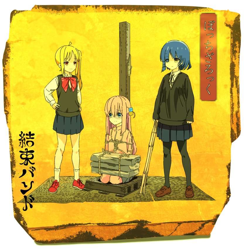 3girls, absurdres, ahoge, album_cover, album_cover_redraw, bamboo, black_ribbon, blonde_hair