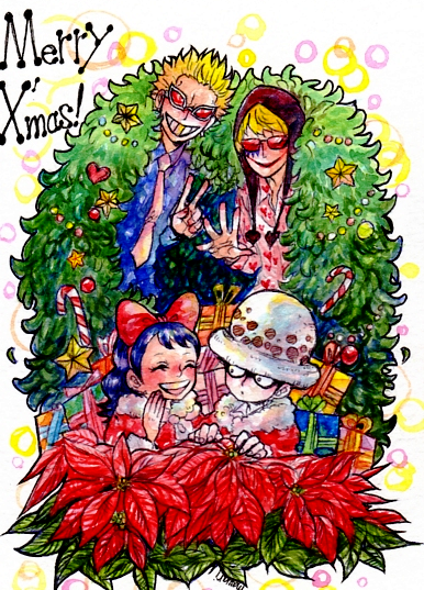 1girl, 3boys, aged_down, baby_5, blonde_hair, blue_hair, bow, box