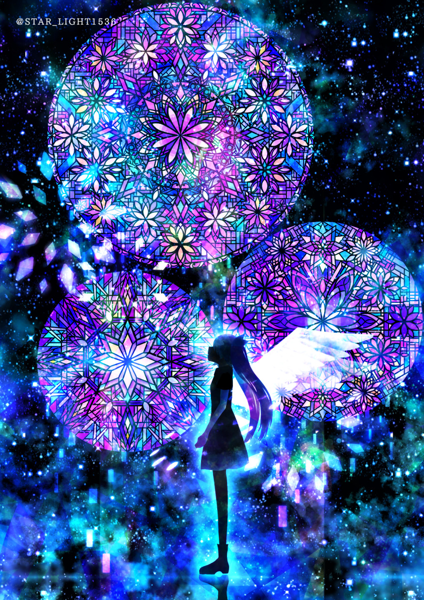 1girl, blue_background, blue_theme, dark_background, feathered_wings, from_side, full_body, hatsune_miku, highres, kimi_mo_warui_hito_de_yokatta_(vocaloid), long_hair, short_sleeves, silhouette, skirt, solo, stained_glass, standing, twitter_username, vocaloid, wakusei_habuti, white_wings, wings
