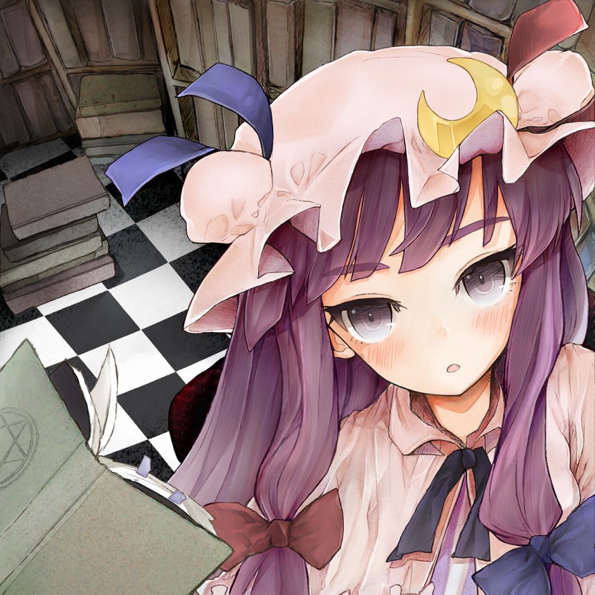 1girl, ako_(clover01), black_eyes, blush, book, bookshelf, checkered_floor, crescent, crescent_moon, fang, female_focus, floor, hair_ribbon, hat, long_hair, looking_at_viewer, moon, patchouli_knowledge, perspective, purple_hair, ribbon, solo, touhou, tsurime, upper_body