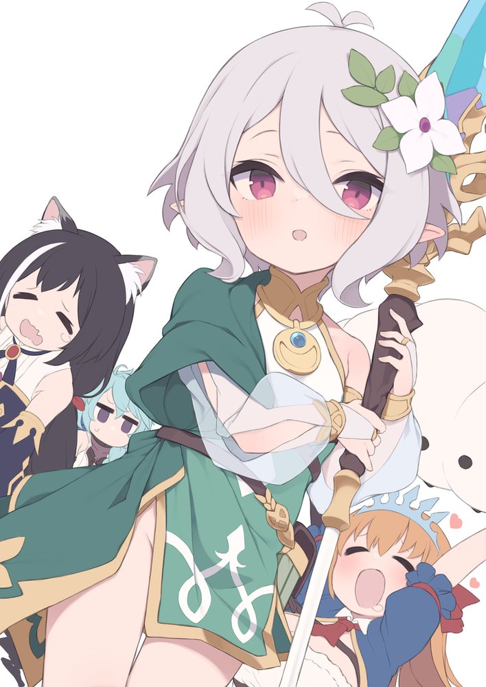 4girls, animal_ear_fluff, animal_ears, antenna_hair, black_hair, blue_hair, blush, braid