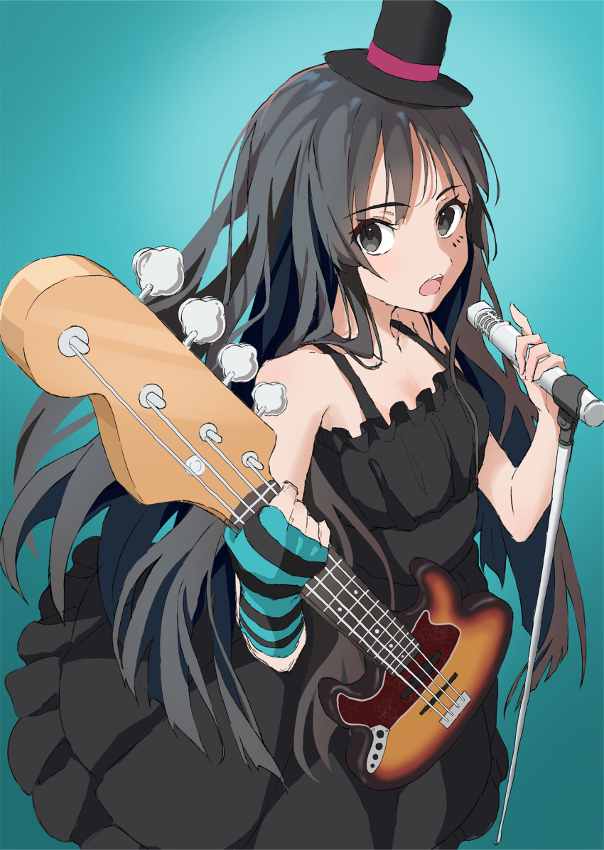 1girl, akiyama_mio, bass_guitar, black_dress, black_hair, dress, fingerless_gloves, frilled_dress