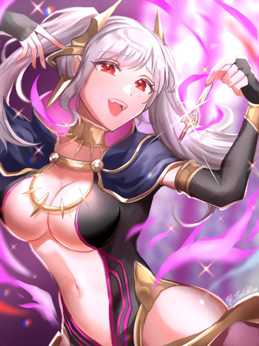 1girl, aura, breasts, bridal_gauntlets, cape, cleavage, cleavage_cutout, cloak, clothing_cutout, collarbone, dark_aura, dragon_girl, falchion_(fire_emblem), fangs, female_robin_(fire_emblem), female_robin_(grima)_(fire_emblem), fire_emblem, fire_emblem_awakening, fire_emblem_cipher, fire_emblem_heroes, grima_(fire_emblem), highres, hip_vent, large_breasts, long_hair, looking_at_viewer, magic, mature_female, navel, navel_cutout, nintendo, official_alternate_costume, open_mouth, plunging_neckline, red_eyes, smile, solo, twintails, upper_body, white_hair, youhei_choregi