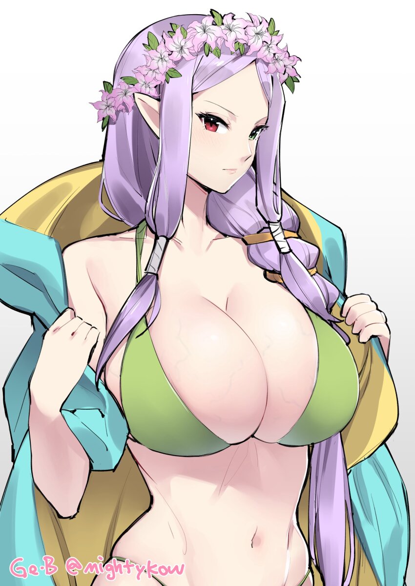 1girl, absurdres, alternate_costume, artist_name, bikini, braid, breasts, bursting_breasts, cloak, closed_mouth, collarbone, dragon_girl, fire_emblem, fire_emblem:_the_binding_blade, fire_emblem_heroes, ge-b, green_bikini, green_eyes, head_wreath, heterochromia, highres, huge_breasts, idunn_(divine_demon)_(fire_emblem), idunn_(fire_emblem), light_persona, linea_alba, long_hair, looking_at_viewer, mature_female, navel, nintendo, official_alternate_hairstyle, pointy_ears, purple_hair, red_eyes, sidelocks, skindentation, solo, stomach, string_bikini, swimsuit, twitter_username, upper_body, white_background