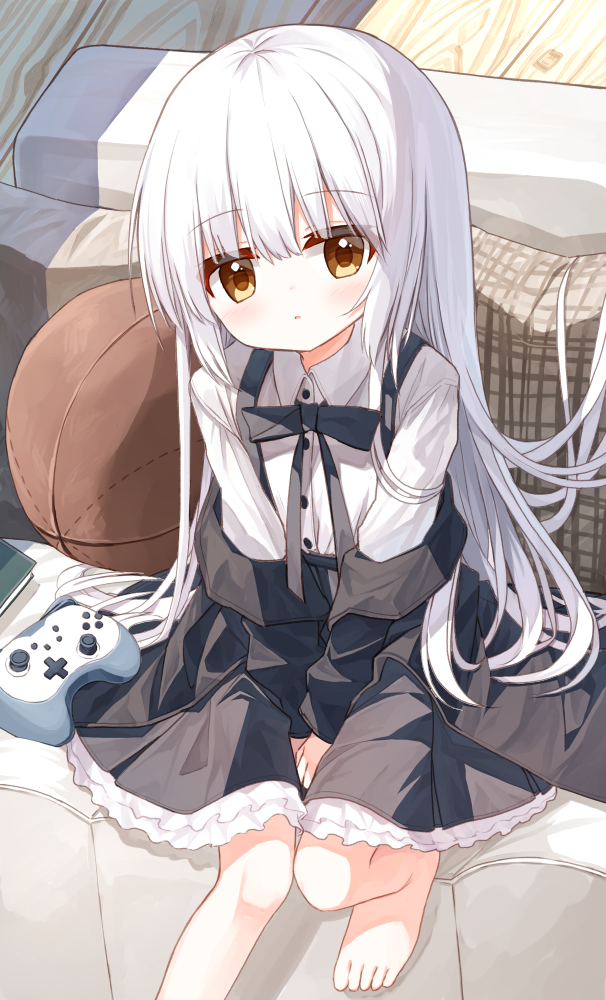 1girl, ball, black_bow, black_skirt, bow, brown_eyes, bunny_girl_(yuuhagi_(amaretto-no-natsu)), collared_shirt