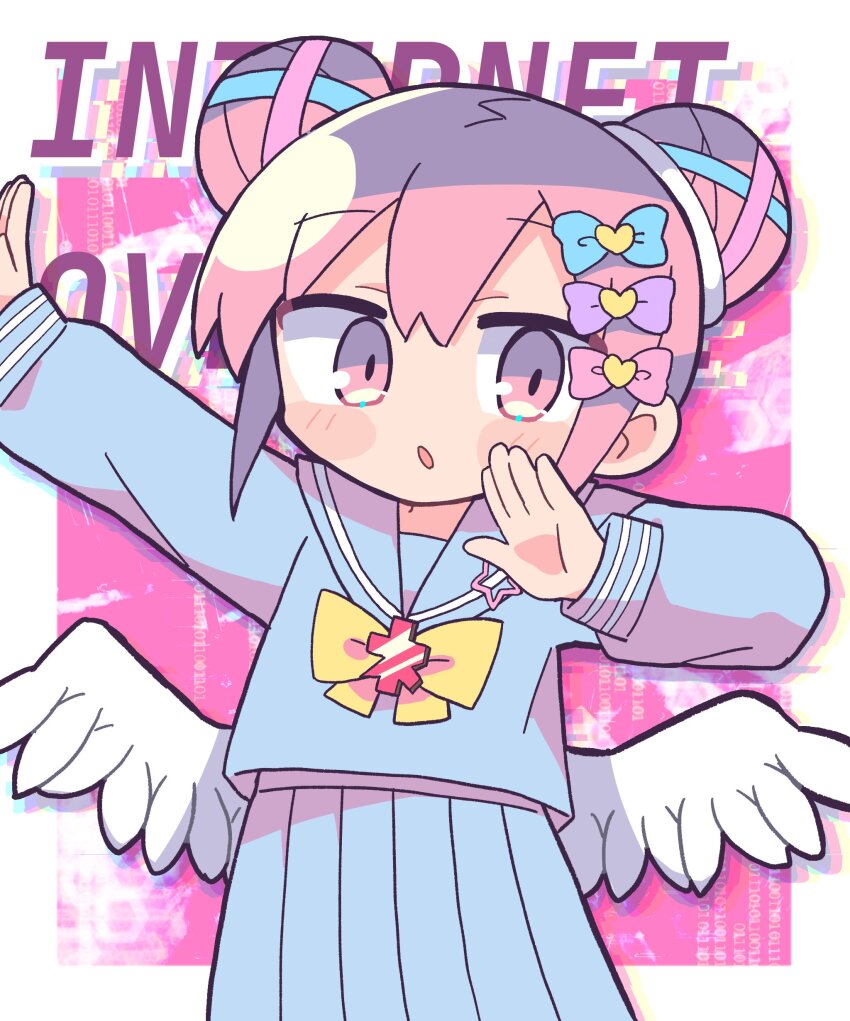 1girl, absurdres, blue_bow, blue_sailor_collar, blue_serafuku, blue_shirt, blue_skirt, blush