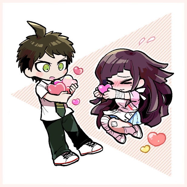 >_<, 1boy, 1girl, :o, ahoge, apron, bandaged_arm, bandages