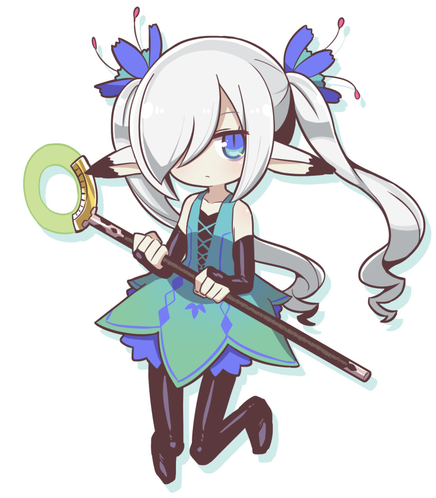 1girl, bare_shoulders, blue_eyes, blue_flower, bridal_gauntlets, closed_mouth, dress, drop_shadow