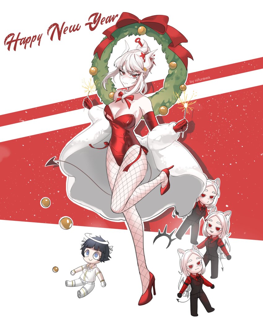 5girls, absurdres, angel, animal_ears, azazel_(helltaker), black_vest, blush, cerberus_(helltaker), demon_girl, demon_horns, demon_tail, dog_ears, helltaker, high_heels, highres, horns, lucifer_(helltaker), mole, mole_under_eye, multiple_girls, new_year, nifurawa, red_eyes, red_shirt, shirt, standing, standing_on_one_leg, tail, vest, white_hair, white_horns