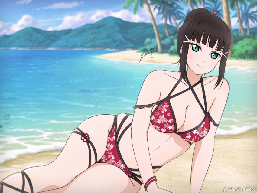 1girl, absurdres, alter_real_zero, alternate_hairstyle, aqua_eyes, armlet, beach, beach_chair