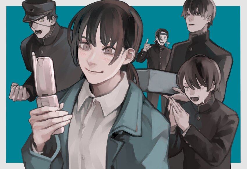 1girl, 4boys, akoku_seigi, black_jacket, blue_background, blue_jacket, cellphone, chainsaw_man
