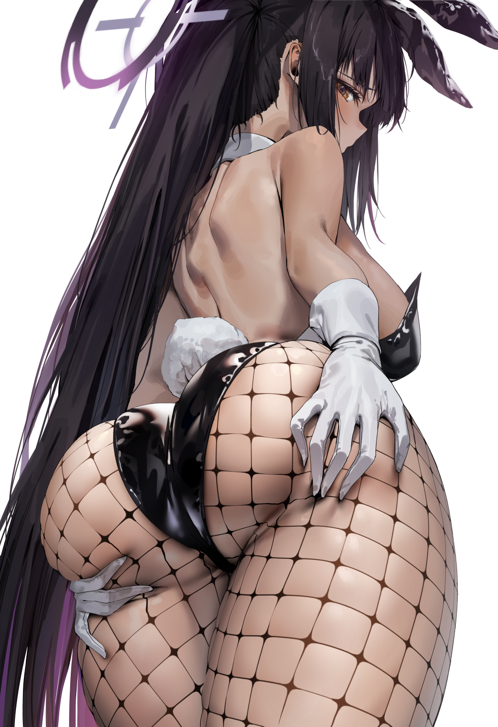 1girl, animal_ears, ass, backless_leotard, black_hair, black_leotard, blue_archive, dark-skinned_female