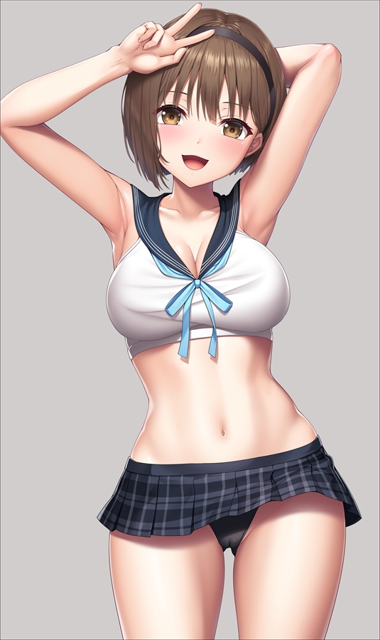 1girl, :d, adapted_costume, arm_behind_head, armpits, arms_up, bare_arms, bare_shoulders, black_hairband, black_panties, black_skirt, blue_reflection_(series), blue_reflection_tie, blue_ribbon, blue_sailor_collar, blush, breasts, brown_eyes, brown_hair, cameltoe, cleavage, clothes_lift, collarbone, commentary_request, cowboy_shot, crop_top, grey_background, groin, hair_between_eyes, hairband, hand_on_own_head, hoshinomiya_girls'_high_school_uniform, hoshizaki_ao, lambda_(kusowarota), large_breasts, looking_at_viewer, microskirt, midriff, navel, neck_ribbon, open_mouth, pantie_peek, panties, plaid_clothes, plaid_skirt, pleated_skirt, ribbon, sailor_collar, school_uniform, serafuku, shirt, short_hair, simple_background, skirt, skirt_lift, sleeveless, sleeveless_shirt, smile, solo, standing, stomach, underwear, w, white_shirt
