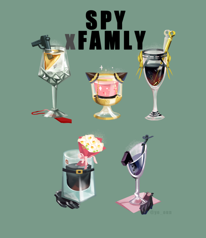 alcohol, anya_(spy_x_family), black_gloves, bouquet, commentary_request, copyright_name, cup, dagger, drink, drinking_glass, envelope, fiona_frost, flower, food_focus, foodification, glass, gloves, unworn_gloves, green_background, gun, handgun, highres, knife, korean_commentary, no_humans, objectification, simple_background, spy_x_family, stiletto_(weapon), strawberry_milk, twilight_(spy_x_family), twitter_username, weapon, whiskey, white_flower, wine, wine_glass, ye_oun, yor_briar, yuri_briar