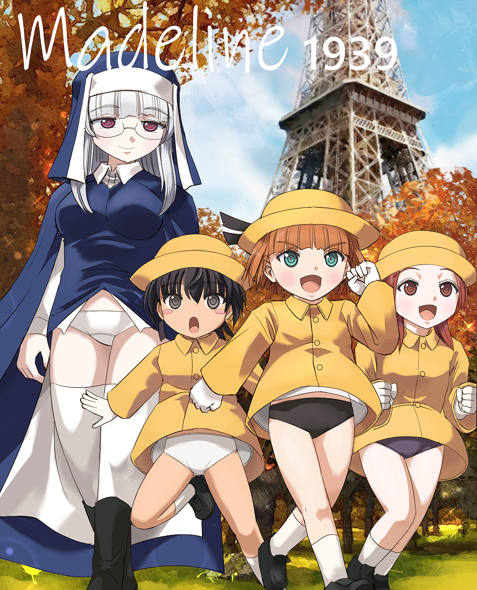 4girls, black_hair, black_panties, blue_eyes, blush, blush_stickers, brave_witches, brown_eyes, brown_hair, glasses, gundula_rall, hat, heidimarie_w._schnaufer, highres, hosoinogarou, looking_at_another, luminous_witches, madeline, manaia_matawhaura_hato, minna-dietlinde_wilcke, multiple_girls, nun, open_mouth, outdoors, panties, red_eyes, red_hair, smile, strike_witches, thighhighs, underwear, white_hair, white_panties, white_thighhighs, world_witches_series