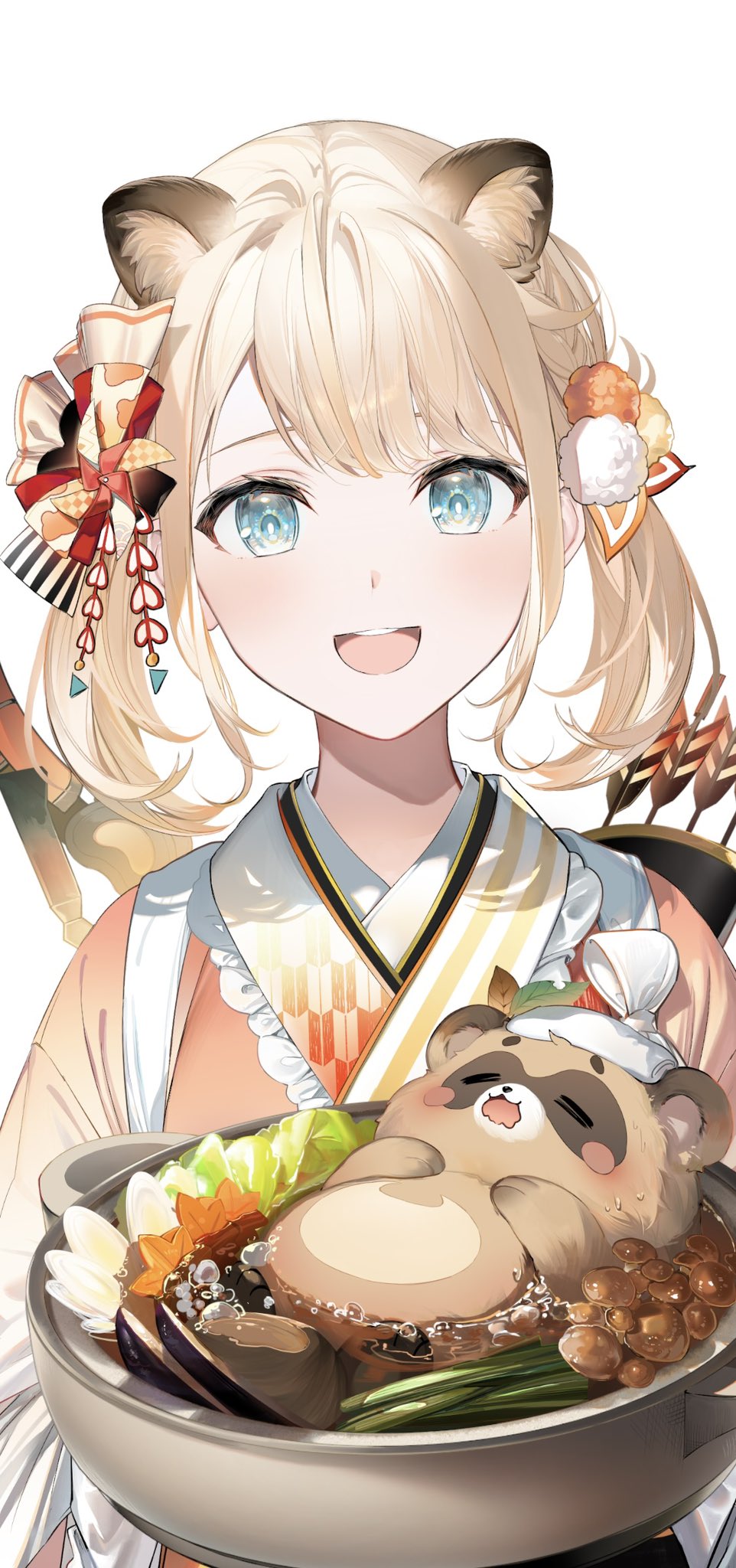 1girl, :d, =_=, animal, animal_ears, aqua_eyes, arrow_(projectile), blonde_hair, blush, boiling, bow, bow_(weapon), bubble, commentary_request, cotton_ball, drooling, hair_bow, hair_ornament, highres, hololive, hotpot, japanese_clothes, kazama_iroha, kazama_iroha_(new_year), kimono, looking_at_viewer, medium_hair, mushroom, open_mouth, pinwheel, quiver, raccoon_ears, simple_background, smile, spring_onion, straight-on, strap, sweat, tanuki, teeth, towel, towel_on_head, upper_body, upper_teeth_only, virtual_youtuber, weapon, white_background, yellow_kimono