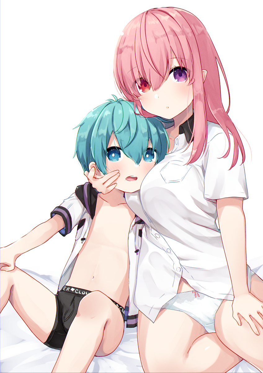 1boy, 1girl, :o, age_difference, between_breasts, black_hood, black_male_underwear, blue_eyes, blue_hair, bow, bow_panties, boxer_briefs, breast_smother, breasts, child, collarbone, collared_shirt, face_to_breasts, hair_between_eyes, hand_on_another's_cheek, hand_on_another's_face, hand_on_own_knee, hand_on_own_thigh, head_between_breasts, heterochromia, highres, jacket, knees_up, large_breasts, long_hair, looking_at_viewer, male_underwear, navel, nei_(os), nei_akutsu, no_pants, on_bed, onee-shota, open_clothes, open_jacket, open_mouth, original, os_(os_fresa), panties, pink_hair, pointy_ears, purple_eyes, red_eyes, shirt, short_hair, sitting, source_request, souta_(os), souta_kandori, underwear, white_background, white_panties, white_shirt, yokozuwari