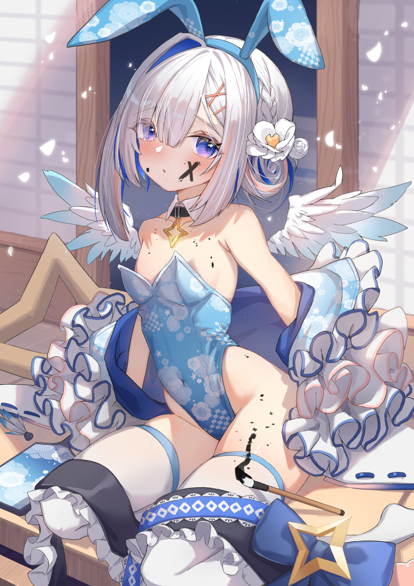 1girl, absurdres, amane_kanata, angel_wings, animal_ears, bare_shoulders, blue_hair, blue_wings