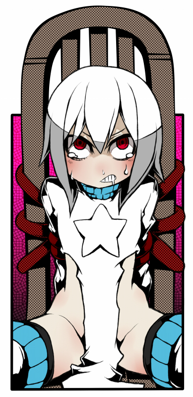 1girl, arms_behind_back, ayame_hashinimasen, blush, bound, bound_arms, chair, clenched_teeth