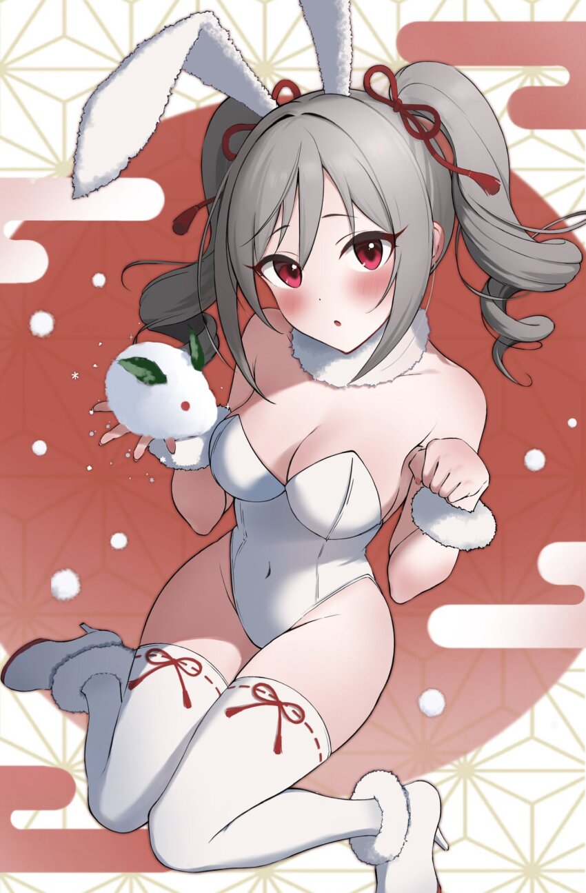 1girl, alternate_costume, animal_ears, blush, breasts, chinese_zodiac, cleavage, commentary_request