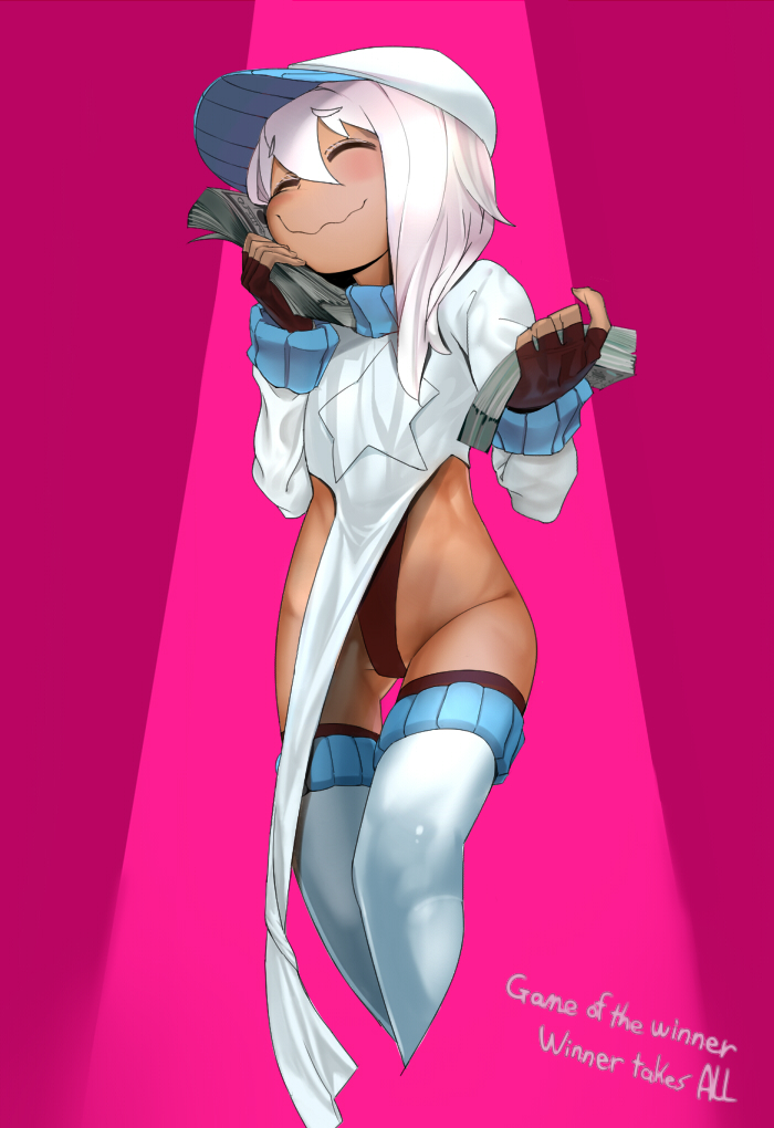 1girl, banknote, blush, brown_gloves, closed_eyes, closed_mouth, commentary_request, cropped_legs