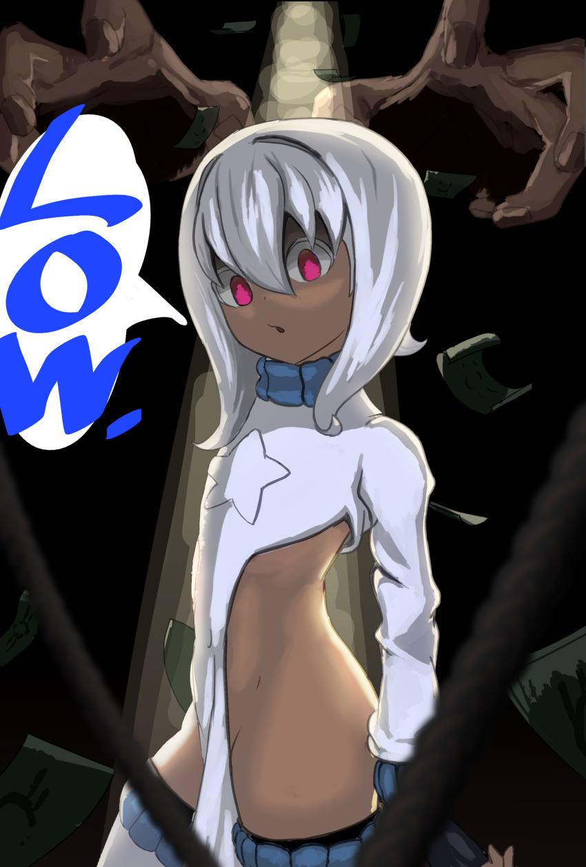 1girl, absurdres, banknote, black_background, black_gloves, commentary_request, cowboy_shot, dark-skinned_female